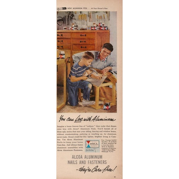 Alcoa Aluminum Nails Fasteners Father DIY Son Helper Vintage Print Ad 1958
